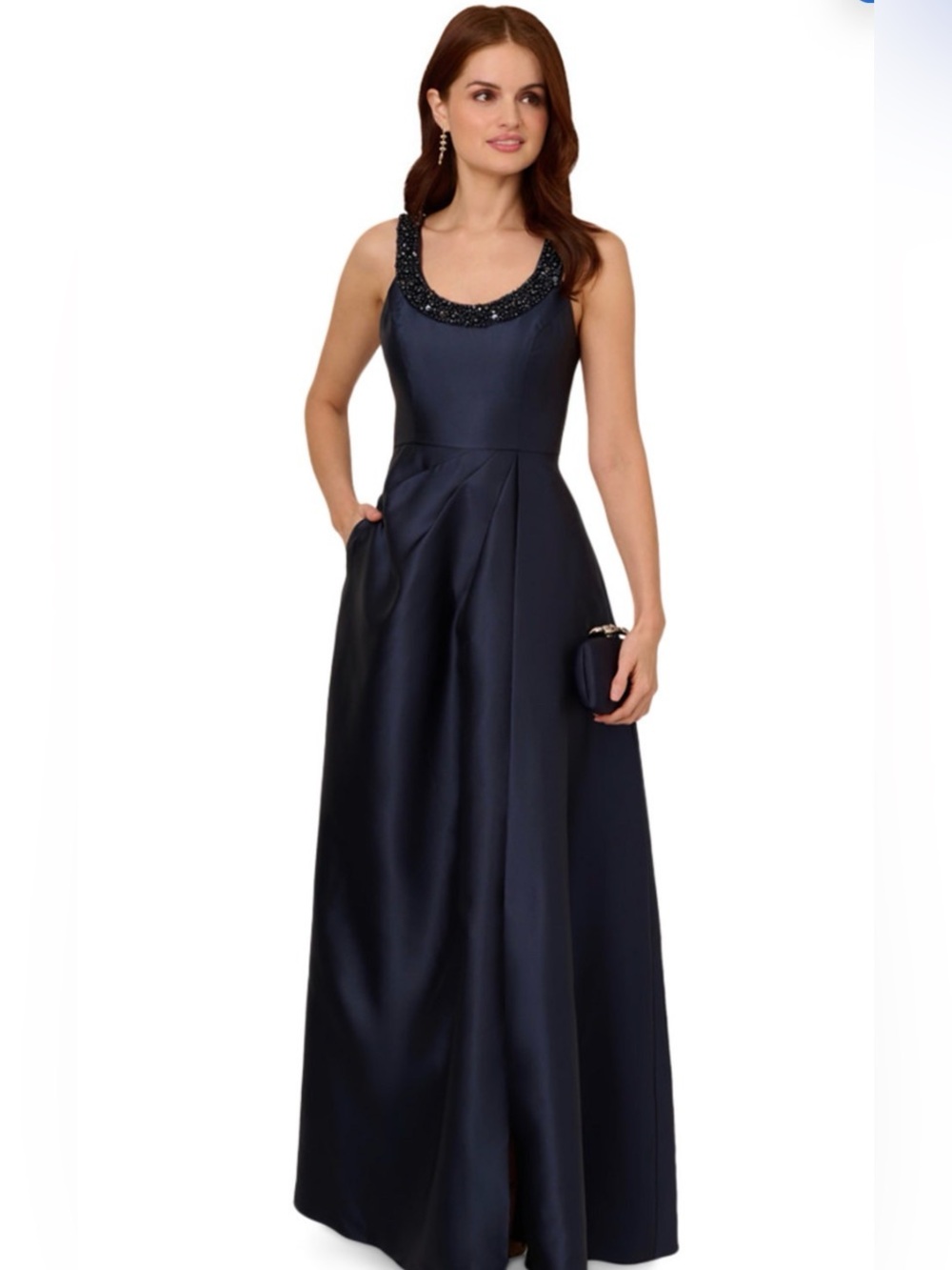 Adrianna Papell Navy Beaded Scoop Neck Evening Gown